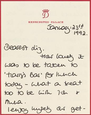 DIANA; PRINCESS OF WALES. Group of 6 Autograph Letters Signed, Diana, to British Vogue and Harpers Bazaar editor Elizabeth Tilberis,